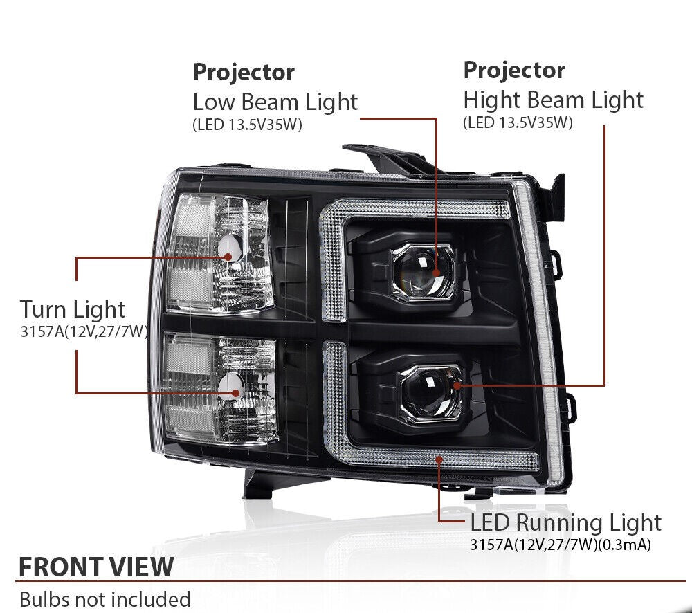 2007 - 13 CHEVY SILVERADO DUAL PROJECTOR + C BAR HEADLIGHTS